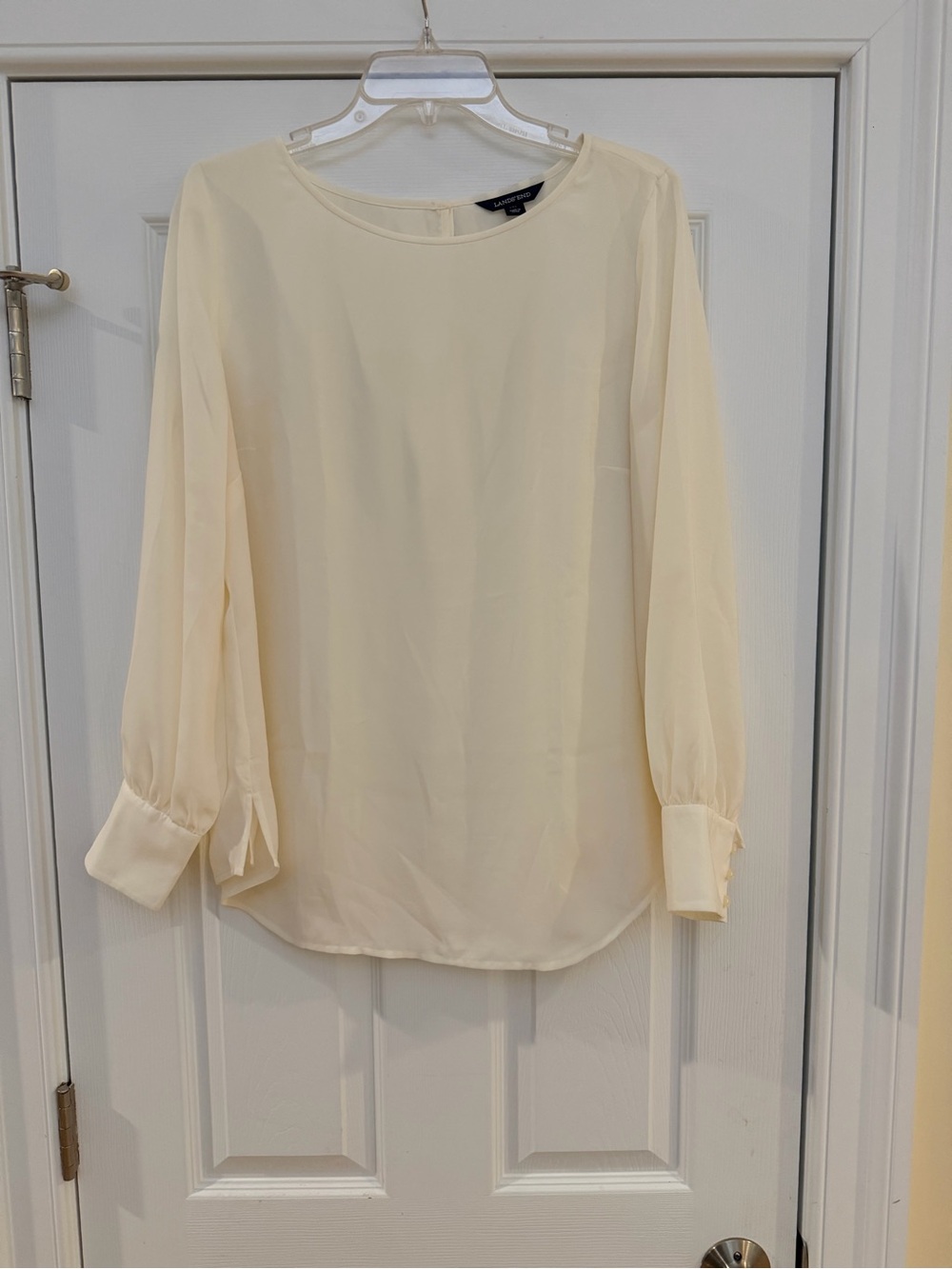 Ladies Size 14P "Lands' End" Cream Long-Sleeve Semi-Sheer Blouse GUC